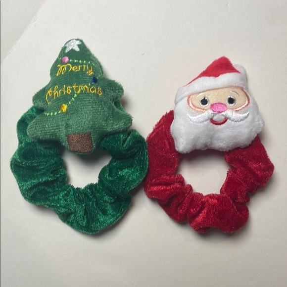 Christmas Tree and Santa Festive Holiday Scrunchies Set of 2 - Picture 1 of 4